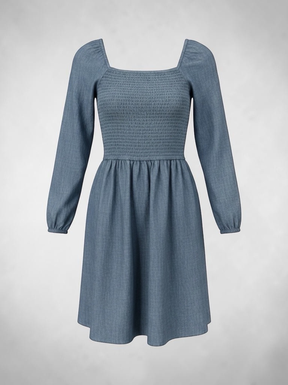 Crewcuts Smocked Square-Neck Long Sleeve Dress in Dusty Blue